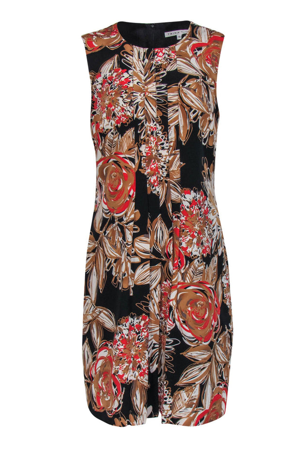 Current Boutique-Trina Turk - Black, Brown & Red Floral Pleated Dress Sz 6