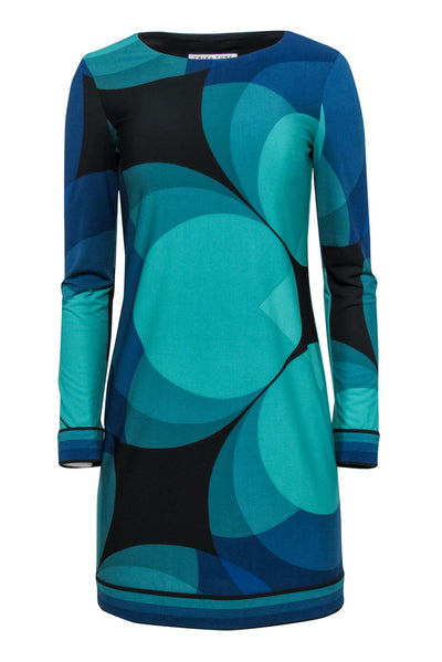 Current Boutique-Trina Turk - Black, Green & Blue Circle Print Long Sleeve Shift Dress Sz 2