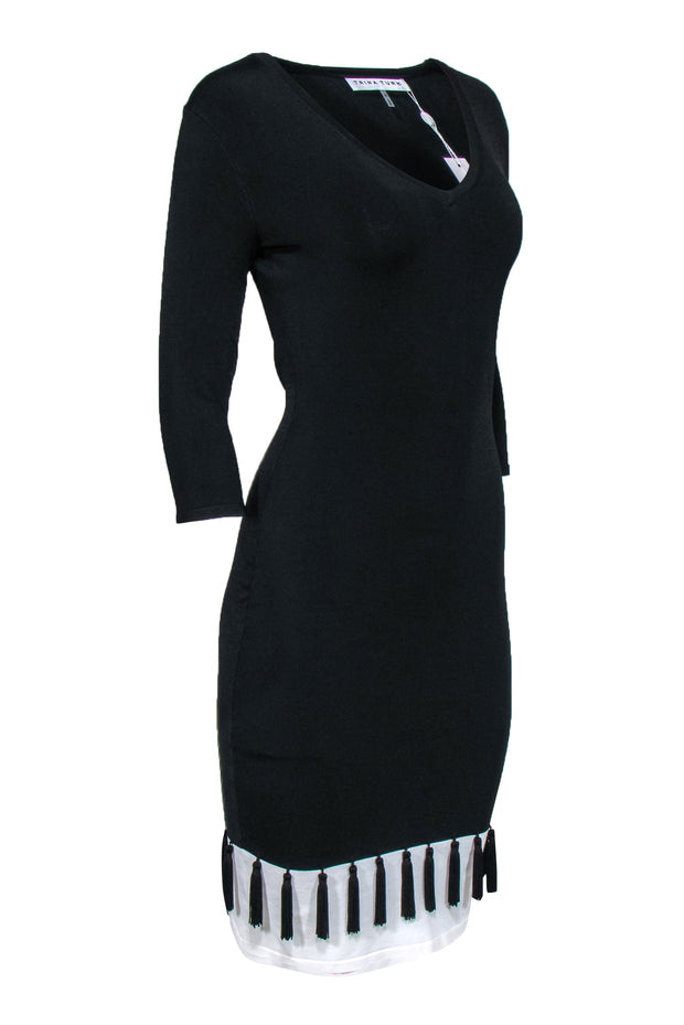 Current Boutique-Trina Turk - Black Long Sleeve V-Neck Bodycon Dress w/ Tassel Hem Sz S