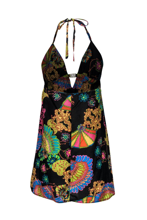 Current Boutique-Trina Turk - Black Mini Halter Dress w/ Multicolored Coral Paisley Print Sz M