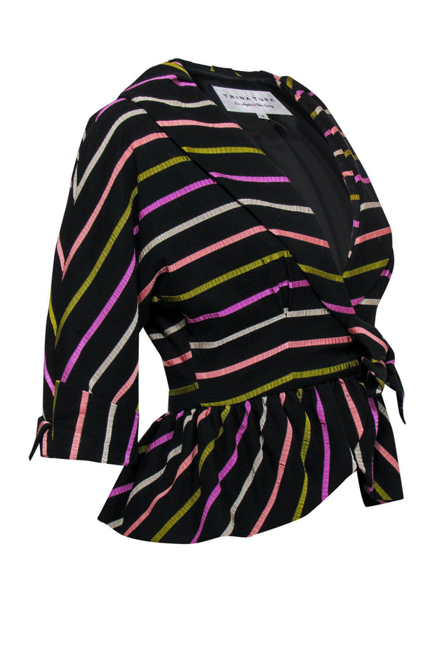 Current Boutique-Trina Turk - Black & Multicolor Striped Blazer w/ Peplum Hem & Side Tie Sz 4