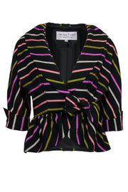 Current Boutique-Trina Turk - Black & Multicolor Striped Blazer w/ Peplum Hem & Side Tie Sz 4
