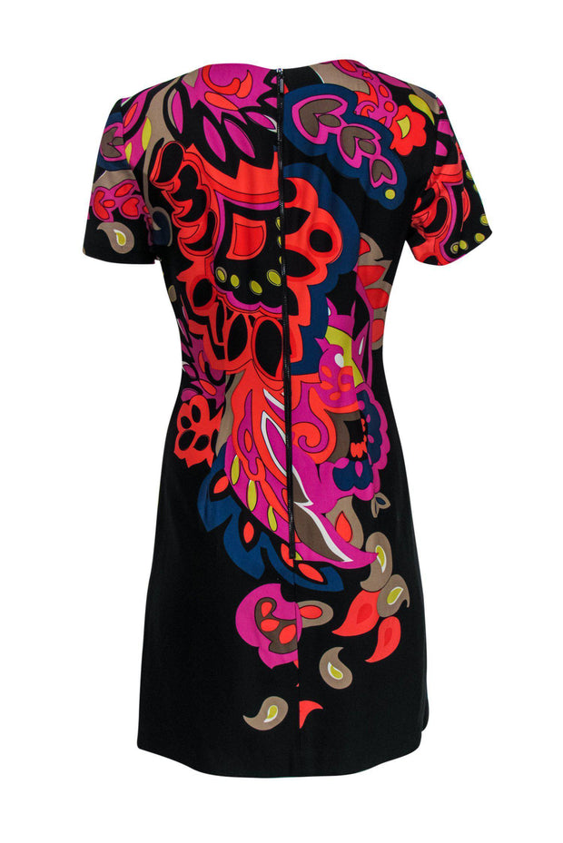 Current Boutique-Trina Turk - Black & Multicolored Floral Print Short Sleeve Shift Dress Sz 6