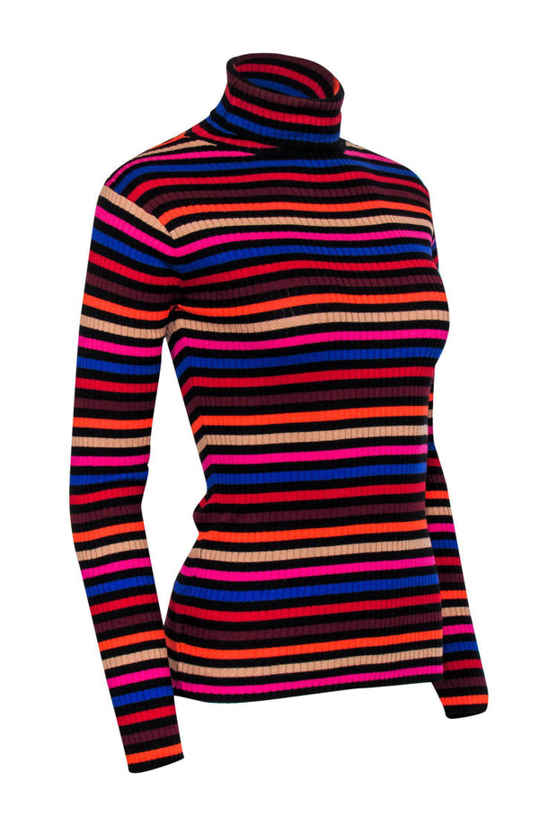 Current Boutique-Trina Turk - Black & Multicolored Striped Ribbed Turtleneck Top Sz S