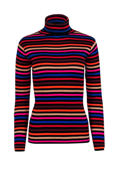 Current Boutique-Trina Turk - Black & Multicolored Striped Ribbed Turtleneck Top Sz S