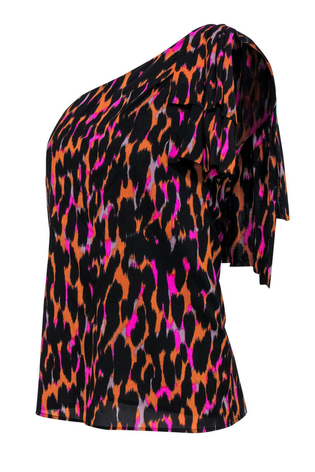 Current Boutique-Trina Turk - Black, Orange & Magenta Leopard Print One-Shoulder Blouse w/ Flounce Sz XS