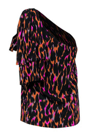 Current Boutique-Trina Turk - Black, Orange & Magenta Leopard Print One-Shoulder Blouse w/ Flounce Sz XS
