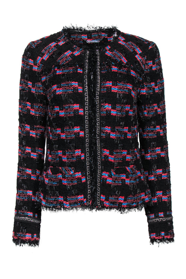 Current Boutique-Trina Turk - Black, Red & Blue Metallic Fringe Tweed Jacket Sz M
