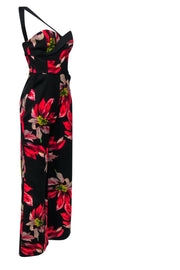 Current Boutique-Trina Turk - Black & Red Floral Print One-Shoulder Wide Leg Jumpsuit Sz 2