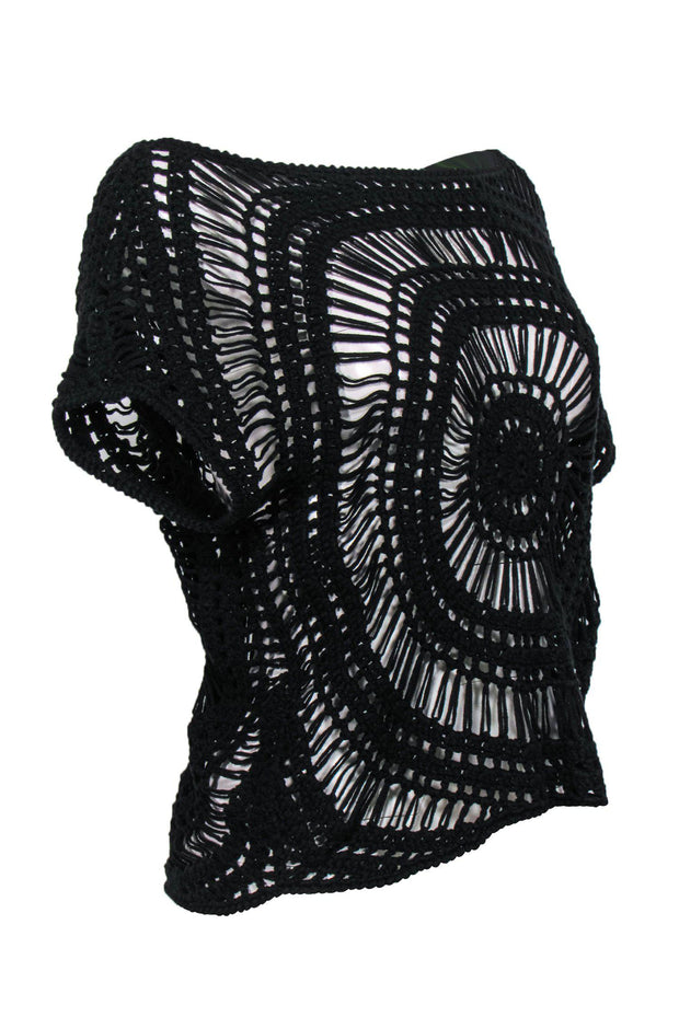 Current Boutique-Trina Turk - Black Short Sleeve Cotton Crochet Top Sz M