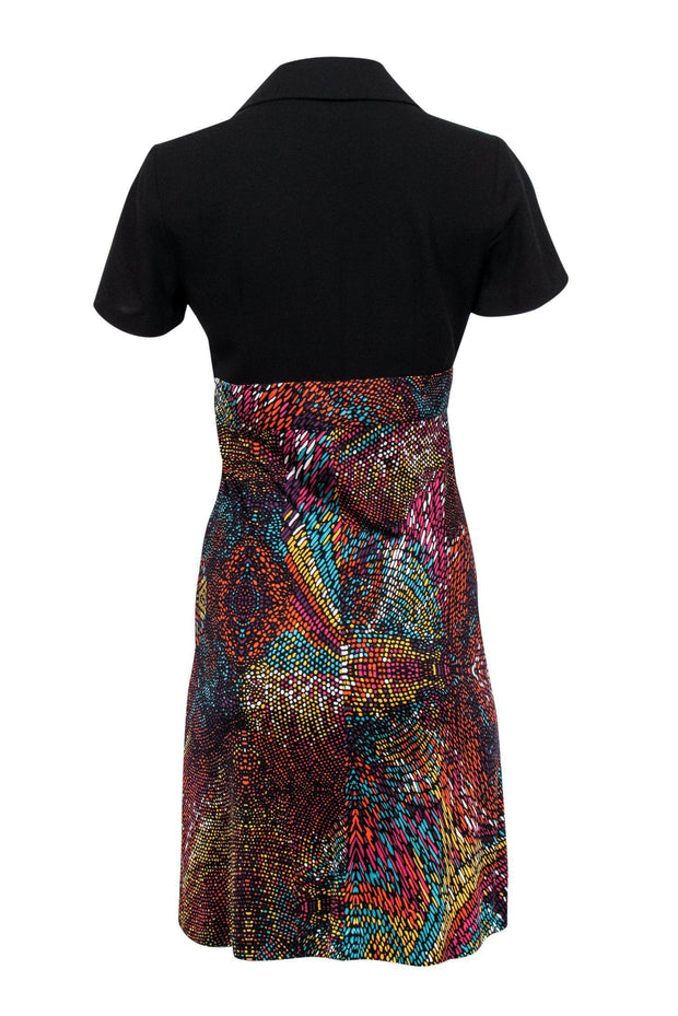 Current Boutique-Trina Turk - Black Short Sleeve Sheath Dress w/ Multicolor Printed Skirt Sz 4