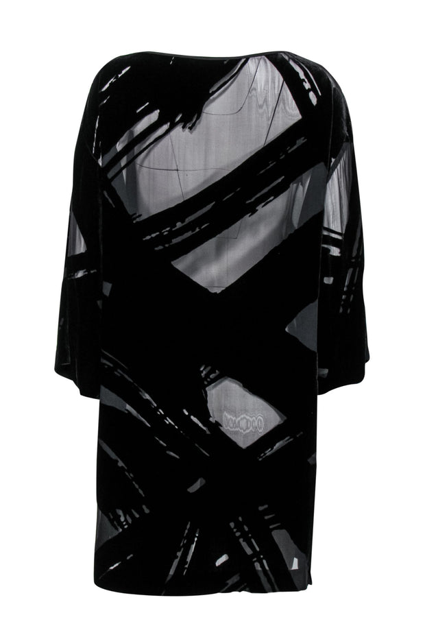 Current Boutique-Trina Turk - Black Velvet & Mesh Long-Sleeved Shift Dress Sz L