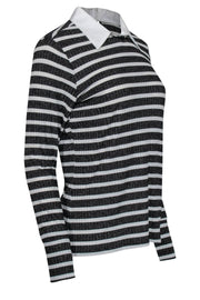 Current Boutique-Trina Turk - Black & White Metallic Striped Blouse w/ Collar Sz L