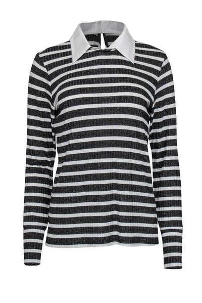 Current Boutique-Trina Turk - Black & White Metallic Striped Blouse w/ Collar Sz L