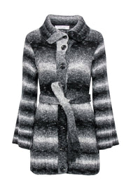 Current Boutique-Trina Turk - Black & White Striped Longline Button-Up Cardigan w/ Tie Belt Sz S
