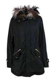 Current Boutique-Trina Turk - Black Zip-Up Hooded Coat w/ Faux Fur Lining Sz XL