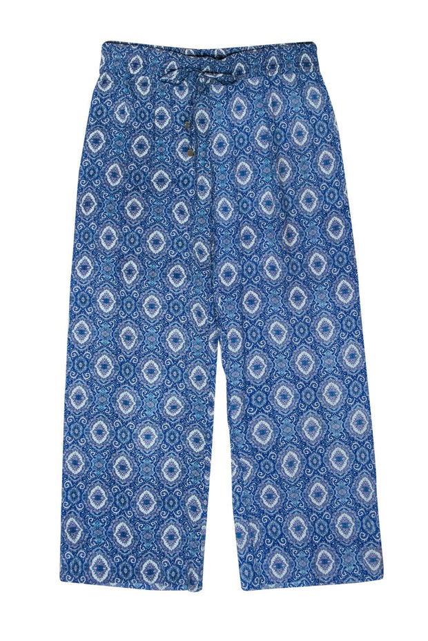 Current Boutique-Trina Turk - Blue Bohemian Print Drawstring Wide Leg Pants Sz S