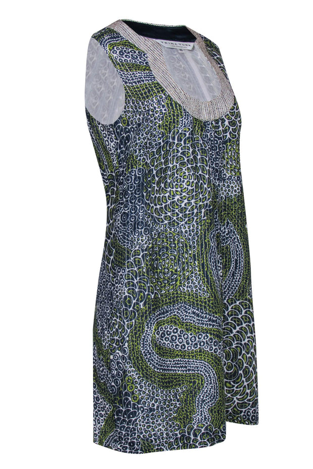 Current Boutique-Trina Turk - Blue & Green Metallic Scoop Neck Shift Dress Sz 10