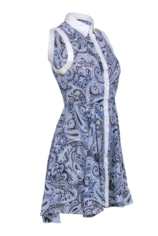 Current Boutique-Trina Turk - Blue Paisley Silky Collared Shirt Dress Sz 4