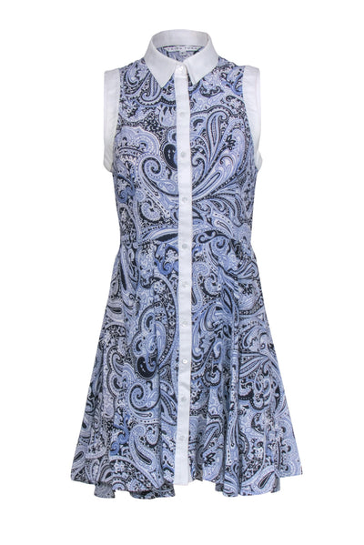 Current Boutique-Trina Turk - Blue Paisley Silky Collared Shirt Dress Sz 4