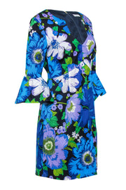 Current Boutique-Trina Turk - Blue & Purple Floral Print Bell Sleeve Midi Dress Sz 8