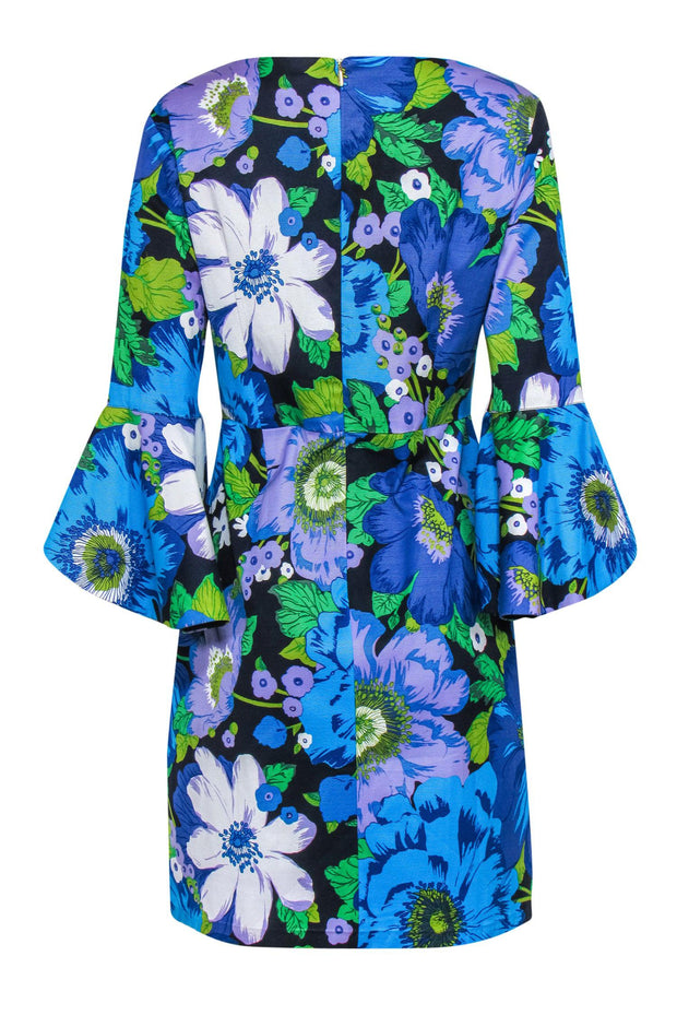 Current Boutique-Trina Turk - Blue & Purple Floral Print Bell Sleeve Midi Dress Sz 8