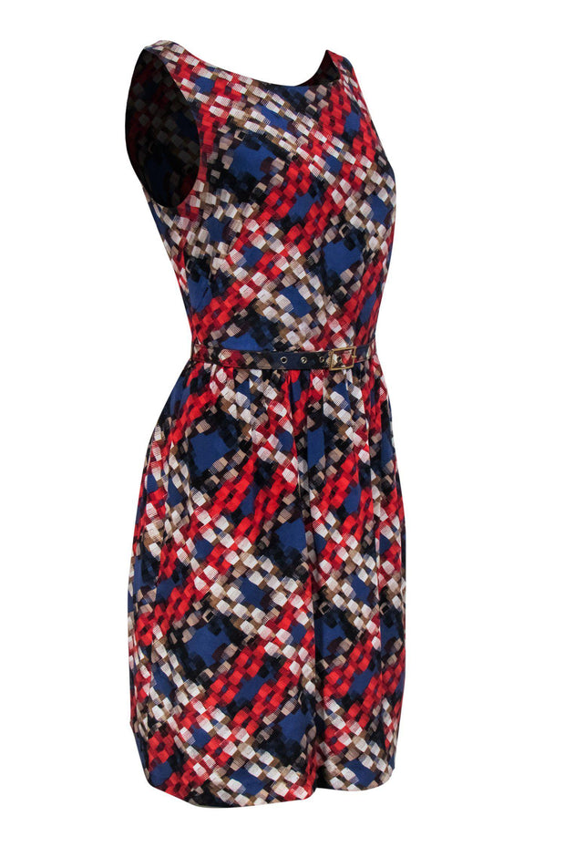 Current Boutique-Trina Turk - Blue, Red, & Brown Printed Dress w/ Belt Sz 4