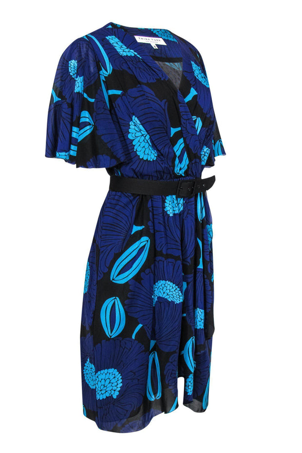 Current Boutique-Trina Turk - Blue & Teal Floral Print Ruffle Fit & Flare Dress Sz 8