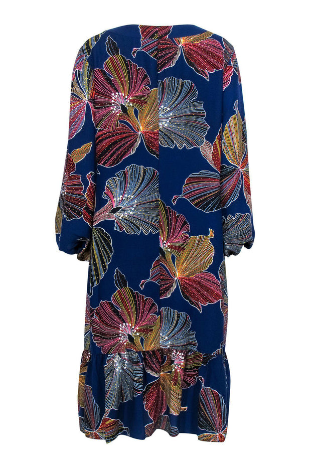 Current Boutique-Trina Turk - Blue Tropical Leaf Print Shift Midi Dress Sz 12