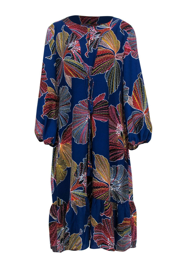Current Boutique-Trina Turk - Blue Tropical Leaf Print Shift Midi Dress Sz 12