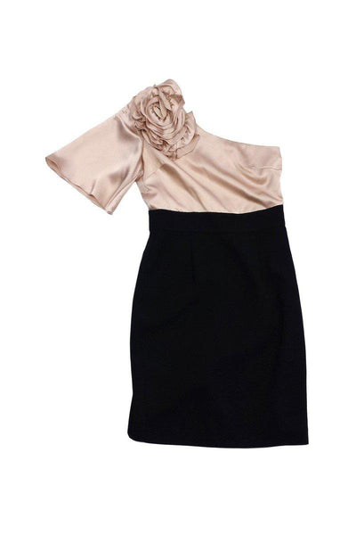 Current Boutique-Trina Turk - Blush & Black Silk One Shoulder Dress Sz 4