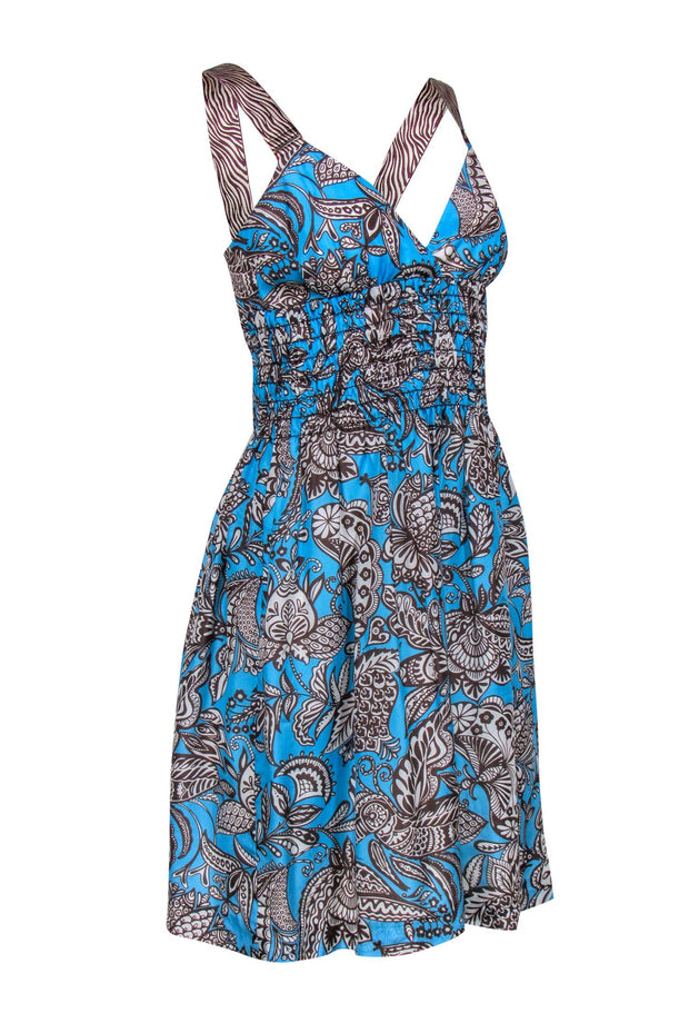 Current Boutique-Trina Turk - Bright Blue & Brown Paisley Print Smocked Waist Dress Sz 6