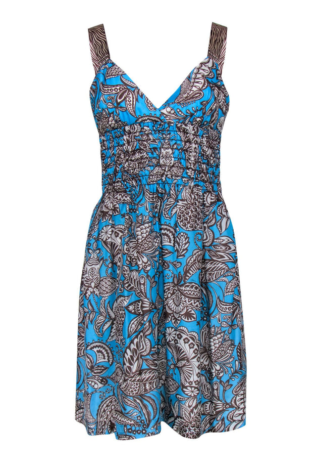 Current Boutique-Trina Turk - Bright Blue & Brown Paisley Print Smocked Waist Dress Sz 6