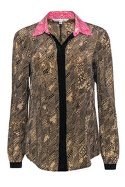 Current Boutique-Trina Turk - Brown & Black Printed Silk Blouse w/ Pink Collar Sz S