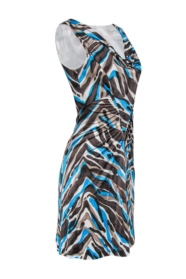 Current Boutique-Trina Turk - Brown, Blue & Beige Silk Printed Ruched Dress Sz 2