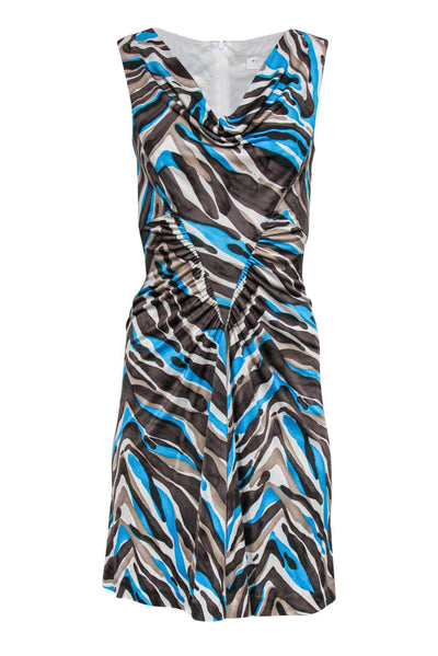 Current Boutique-Trina Turk - Brown, Blue & Beige Silk Printed Ruched Dress Sz 2