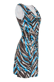 Current Boutique-Trina Turk - Brown, Blue & Beige Silk Printed Ruched Dress Sz 4