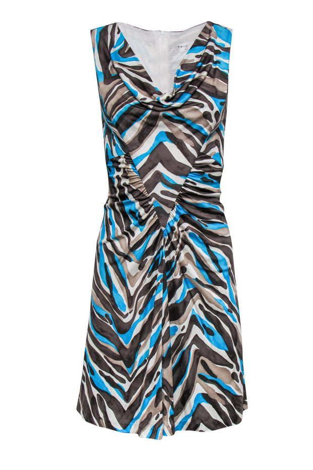 Current Boutique-Trina Turk - Brown, Blue & Beige Silk Printed Ruched Dress Sz 4