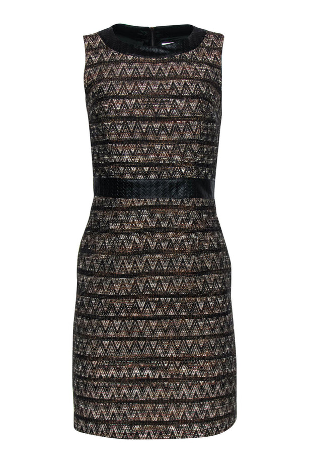 Current Boutique-Trina Turk - Brown Chevron Print Sleeveless Sheath Dress w/ Woven Trim Sz 2