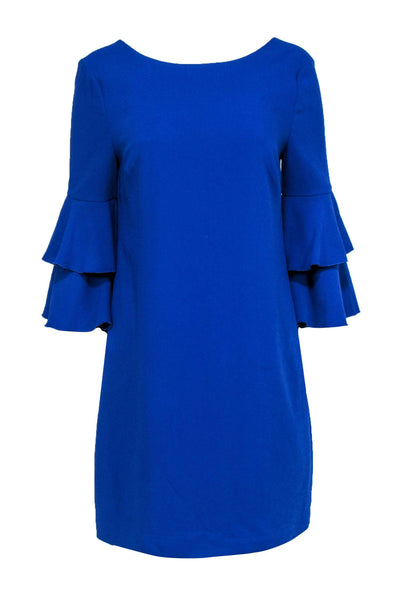 Current Boutique-Trina Turk - Cobalt Textured Shift Dress w/ Ruffle Bell Sleeves Sz 6