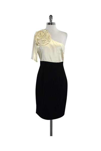 Current Boutique-Trina Turk - Cream & Black Silk One Shoulder Dress Sz 4