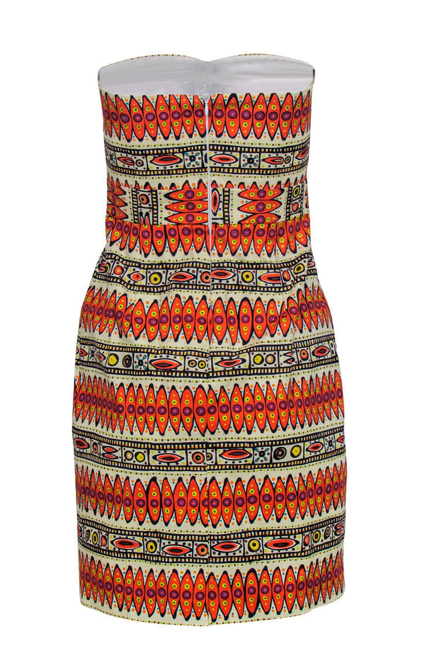 Current Boutique-Trina Turk - Cream & Orange Tribal Print Strapless Sheath Dress Sz 4