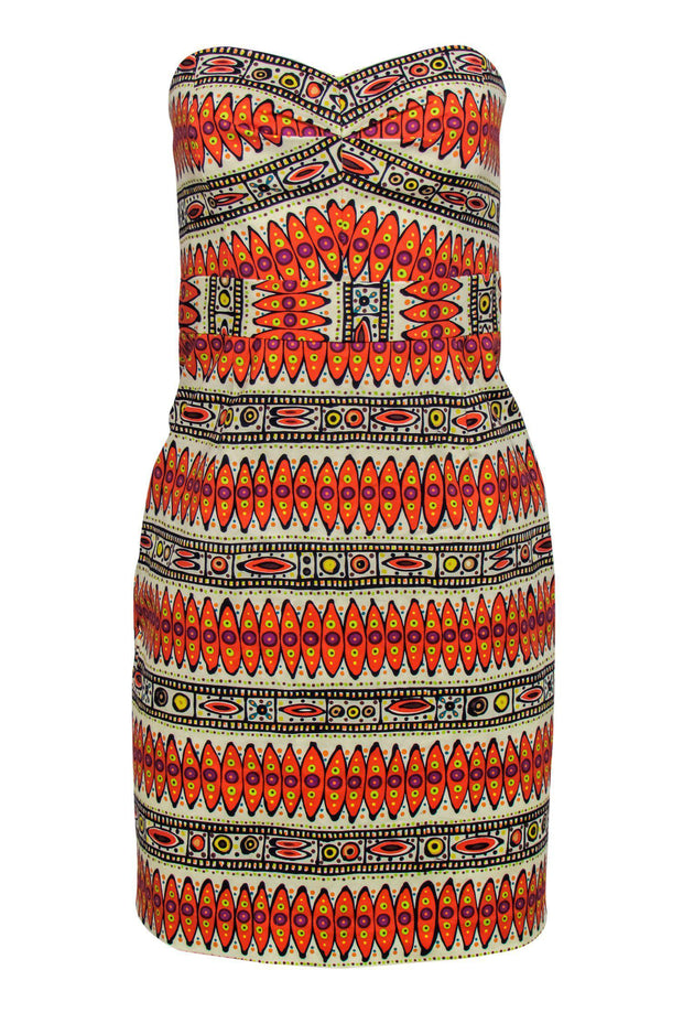 Current Boutique-Trina Turk - Cream & Orange Tribal Print Strapless Sheath Dress Sz 4