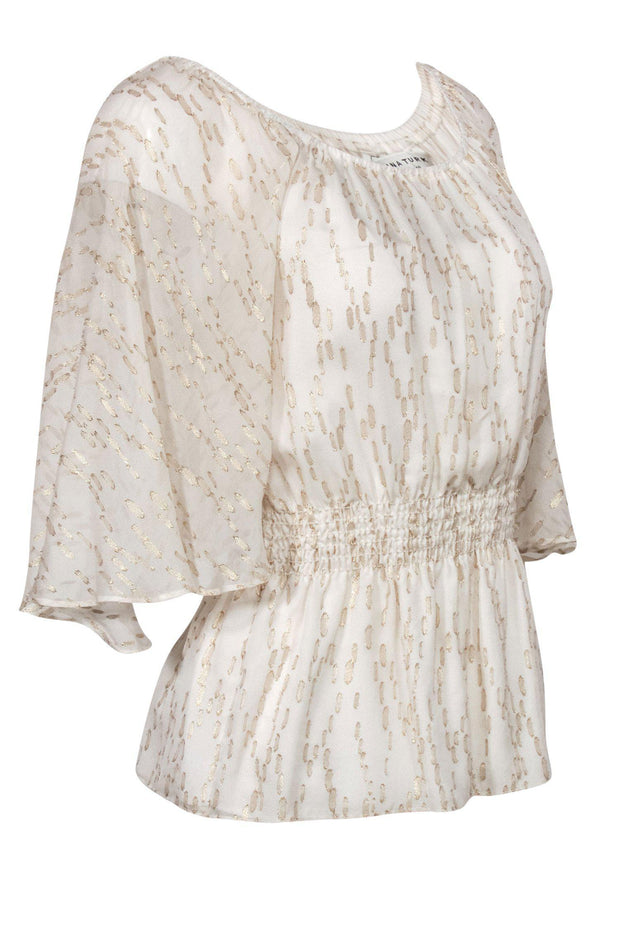 Current Boutique-Trina Turk - Cream Silk Flutter Sleeve Blouse w/ Gold Speckles Sz P