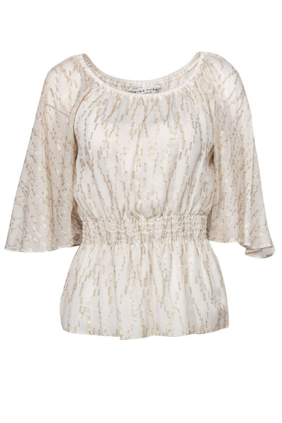 Current Boutique-Trina Turk - Cream Silk Flutter Sleeve Blouse w/ Gold Speckles Sz P