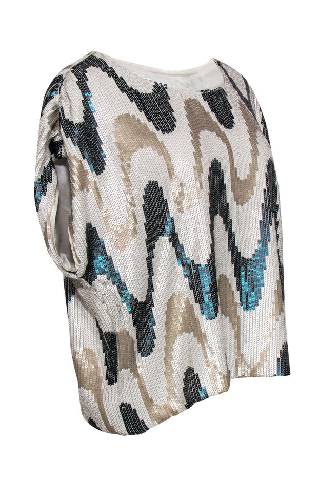 Current Boutique-Trina Turk - Cream, Tan & Dark Green Wavy Print Sequin Short Sleeve Blouse Sz S