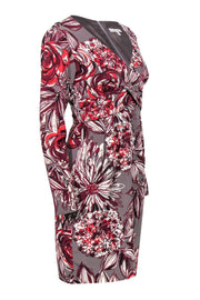 Current Boutique-Trina Turk - Grey, Maroon & White Floral Print Sheath Dress w/ Crisscross Belt Sz 4