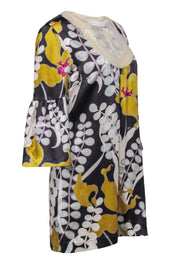 Current Boutique-Trina Turk - Grey & Yellow Silk Floral Dress w/ Sequin Neckline & Bell Sleeves Sz 6