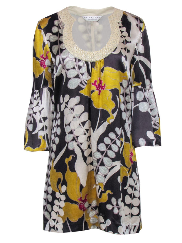 Current Boutique-Trina Turk - Grey & Yellow Silk Floral Dress w/ Sequin Neckline & Bell Sleeves Sz 6
