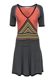 Trina Turk - Multi-Striped Knit Short Sleeved Flared Dress Sz M